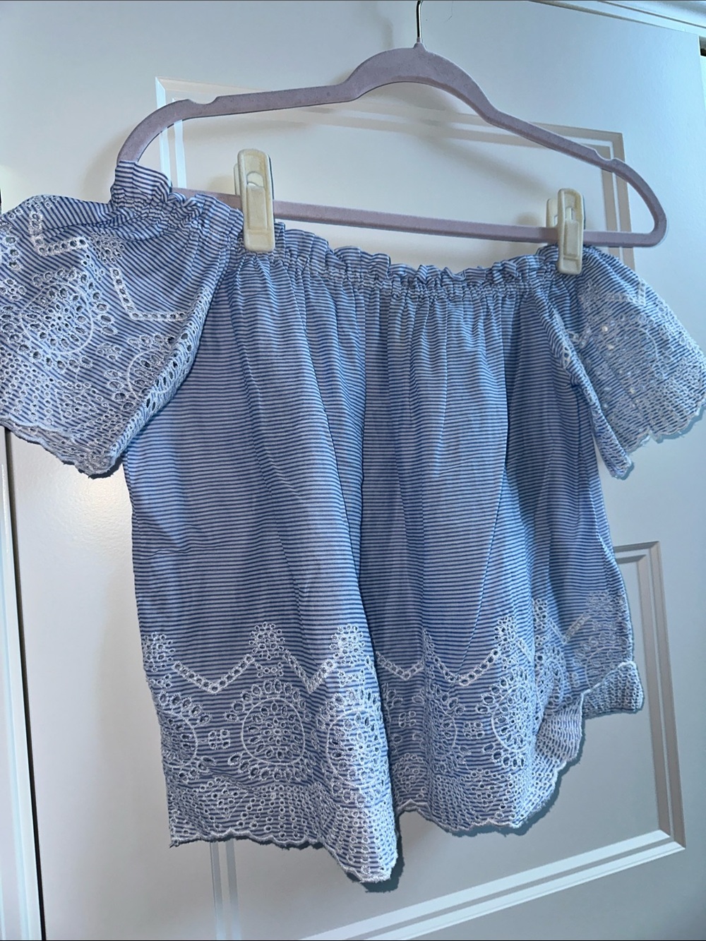 Off-Shoulder Blue Striped Lace Trim Women's Top